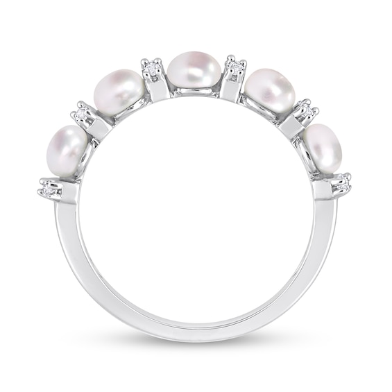 3.5-4.0mm Button Freshwater Cultured Pearl and White Topaz Duo Five Stone Alternating Stackable Band in Sterling Silver