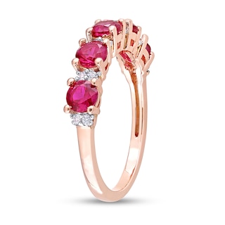 Lab-Created Ruby and White Lab-Created Sapphire Five Stone Duo Stackable Band in Sterling Silver with Rose Rhodium