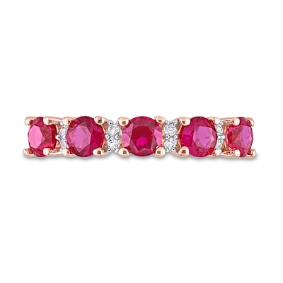 Lab-Created Ruby and White Lab-Created Sapphire Five Stone Duo Stackable Band in Sterling Silver with Rose Rhodium