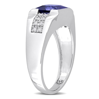 Men's 8.0mm Square Blue and White Lab-Created Sapphire Drop Side Accent Signet Ring in 10K White Gold