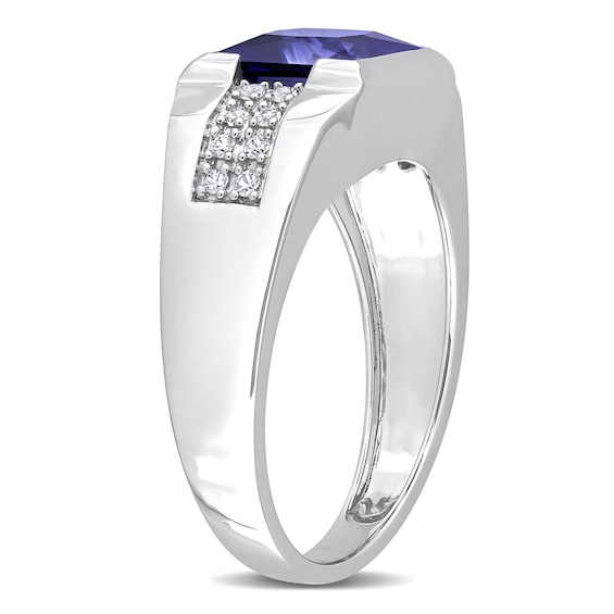 Men's 8.0mm Square Blue and White Lab-Created Sapphire Drop Side Accent Signet Ring in 10K White Gold