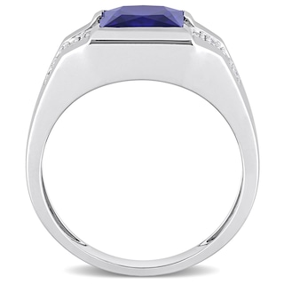 Men's 8.0mm Square Blue and White Lab-Created Sapphire Drop Side Accent Signet Ring in 10K White Gold