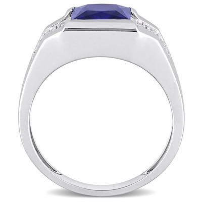 Men's 8.0mm Square Blue and White Lab-Created Sapphire Drop Side Accent Signet Ring in 10K White Gold