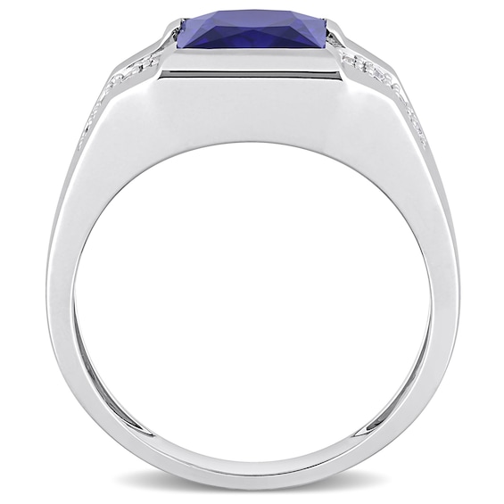 Men's 8.0mm Square Blue and White Lab-Created Sapphire Drop Side Accent Signet Ring in 10K White Gold