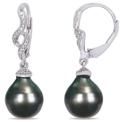 Baroque Black Tahitian Cultured Pearl and 0.05 CT. T.W. Diamond Cascading Flame Drop Earrings in Sterling Silver