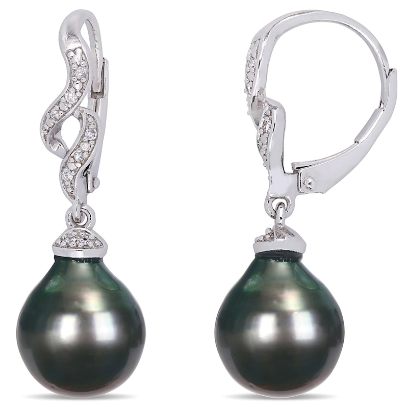 Baroque Black Tahitian Cultured Pearl and 0.05 CT. T.W. Diamond Cascading Flame Drop Earrings in Sterling Silver|Peoples Jewellers