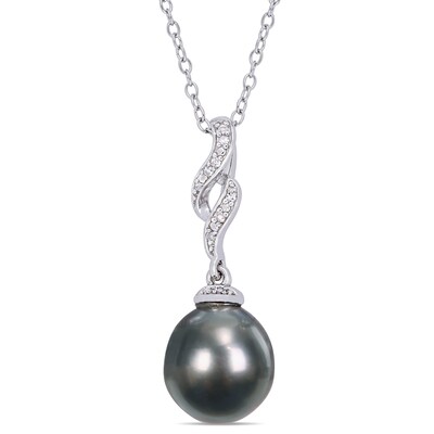 Baroque Black Tahitian Cultured Pearl and Diamond Accent Cascading Flame Drop Pendant in Sterling Silver