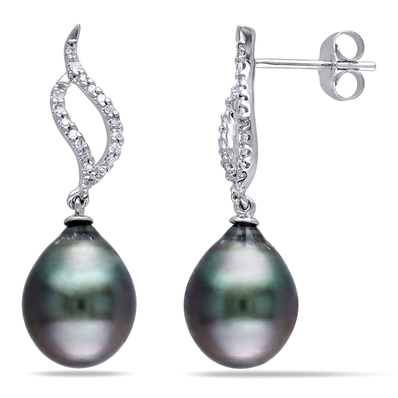9.0-9.5mm Baroque Black Tahitian Cultured Pearl and 0.11 CT. T.W. Diamond Open Flame Drop Earrings in 10K White Gold|Peoples Jewellers