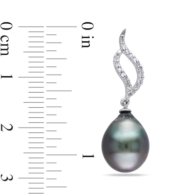 9.0-9.5mm Baroque Black Tahitian Cultured Pearl and 0.11 CT. T.W. Diamond Open Flame Drop Earrings in 10K White Gold