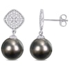 Thumbnail Image 0 of Black Tahitian Cultured Pearl and 0.09 CT. T.W. Cushion-Shaped Multi-Diamond Beaded Drop Earrings in 10K White Gold