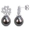 Thumbnail Image 0 of Baroque Black Tahitian Cultured Pearl and 0.15 CT. T.W. Diamond Clover Bow Vintage-Style Drop Earrings in 10K White Gold