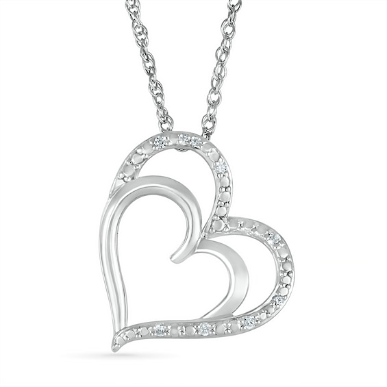 Diamond Accent Tilted Double Heart Outline Pendant in Sterling Silver