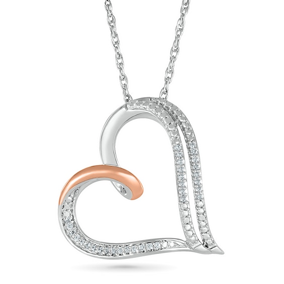 0.065 CT. T.W. Diamond Double Row Heart Pendant in Sterling Silver and 10K Rose Gold