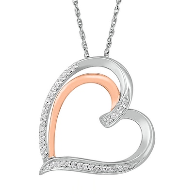 0.087 CT. T.W. Diamond Double Row Heart Pendant in Sterling Silver and 10K Rose Gold