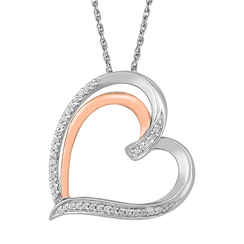 0.087 CT. T.W. Diamond Double Row Heart Pendant in Sterling Silver and 10K Rose Gold|Peoples Jewellers
