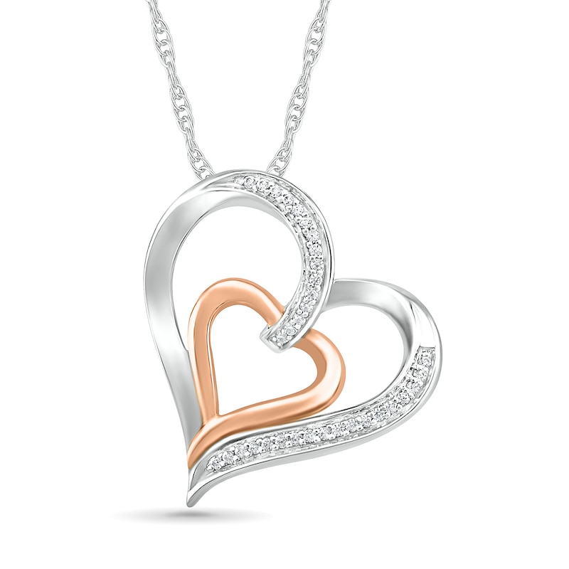 0.085 CT. T.W. Diamond Tilted Double Heart Pendant in Sterling Silver and 10K Rose Gold
