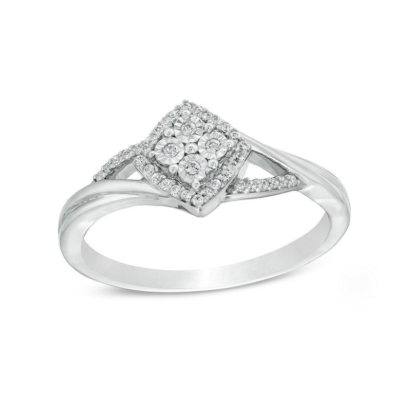 0.066 CT. T.W. Quad Diamond Frame Tilted Square Split Shank Ring in Sterling Silver|Peoples Jewellers