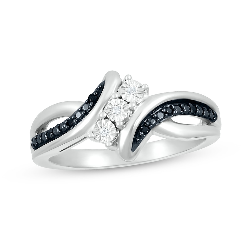 Black and White Diamond Accent Trio Split Shank Bypass Ring in Sterling Silver|Peoples Jewellers