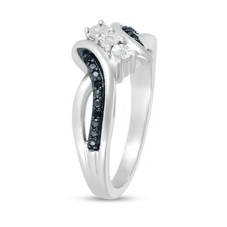 Black and White Diamond Accent Trio Split Shank Bypass Ring in Sterling Silver