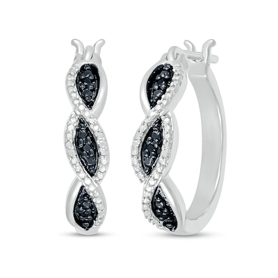 Black Enhanced and White Diamond Accent Twist Hoop Earrings in Sterling Silver