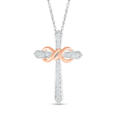 0.145 CT. T.W. Diamond Infinity Loop Cross Pendant in Sterling Silver and 10K Rose Gold