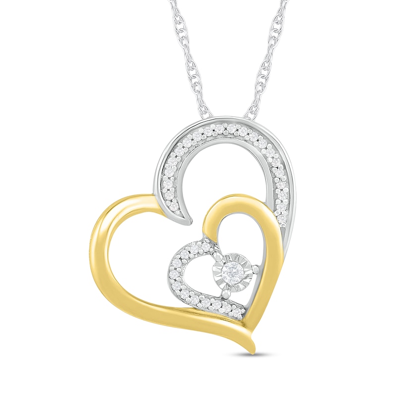 0.085 CT. T.W. Diamond Double Heart Pendant in Sterling Silver and 10K Gold