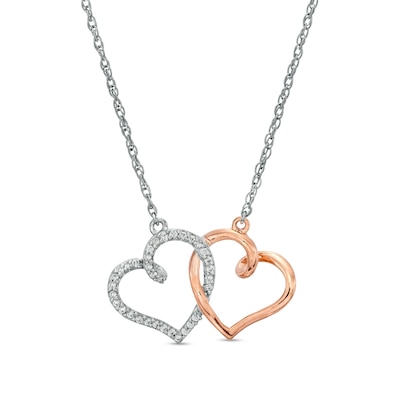 0.085 CT. T.W. Diamond Interlocking Heart Necklace in Sterling Silver and 10K Rose Gold