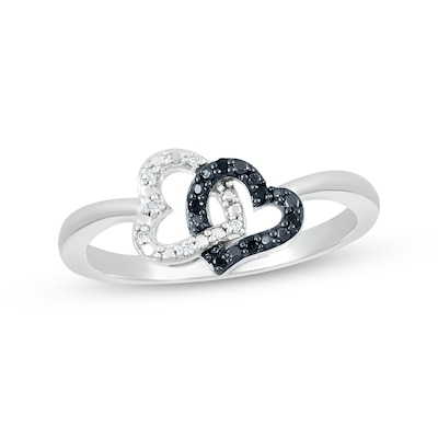 0.04 CT. T.W. Black Enhanced and White Diamond Heart Link Ring in Sterling Silver