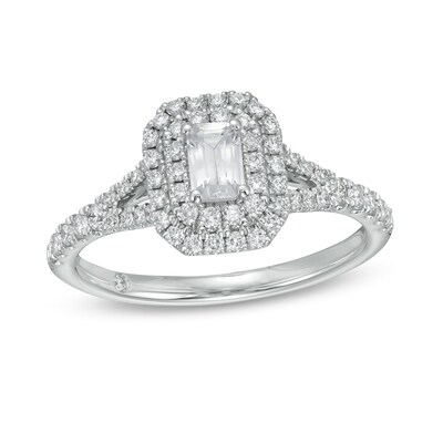 Emmy London 0.80 CT. T.W. Certified Emerald-Cut Diamond Double Frame Engagement Ring in 18K Gold (F/VS2