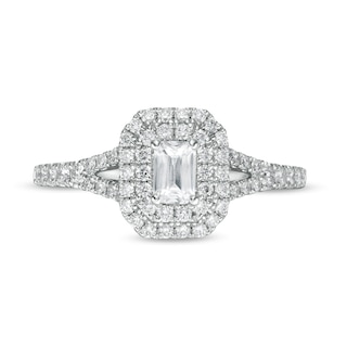 Emmy London 0.80 CT. T.W. Certified Emerald-Cut Diamond Double Frame Engagement Ring in 18K Gold (F/VS2