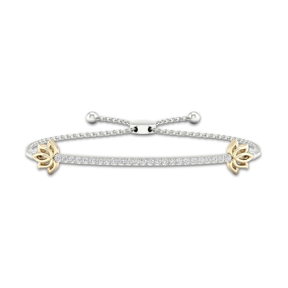 By Women for Women 0.25 CT. T.W. Diamond Lotus Flower Bar Bolo Bracelet in Sterling Silver and 10K Gold – 9.5"