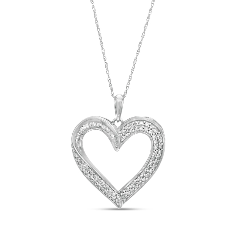 0.45 CT. T.W. Baguette and Round Diamond Ribbon Heart Pendant in 10K White Gold|Peoples Jewellers