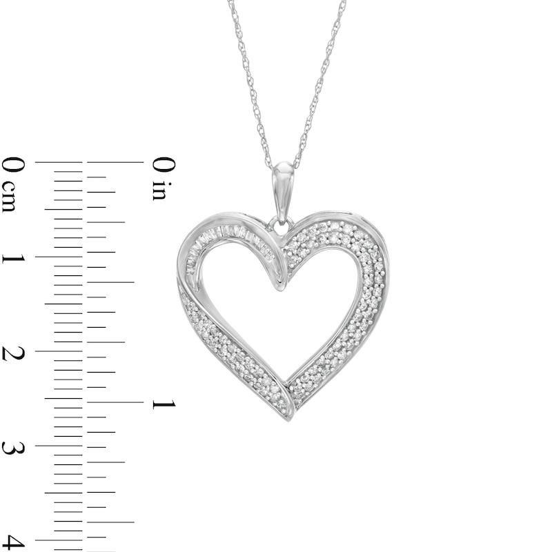 0.45 CT. T.W. Baguette and Round Diamond Ribbon Heart Pendant in 10K White Gold