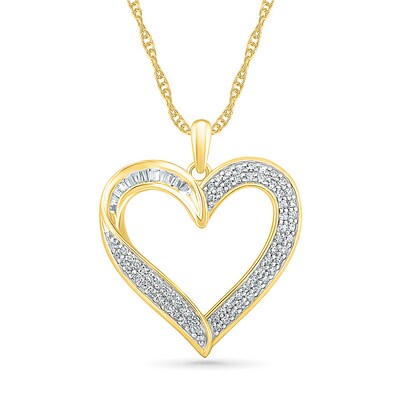 0.45 CT. T.W. Baguette and Round Diamond Ribbon Heart Pendant in 10K Gold