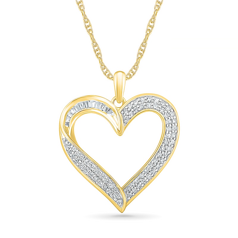 0.45 CT. T.W. Baguette and Round Diamond Ribbon Heart Pendant in 10K Gold|Peoples Jewellers