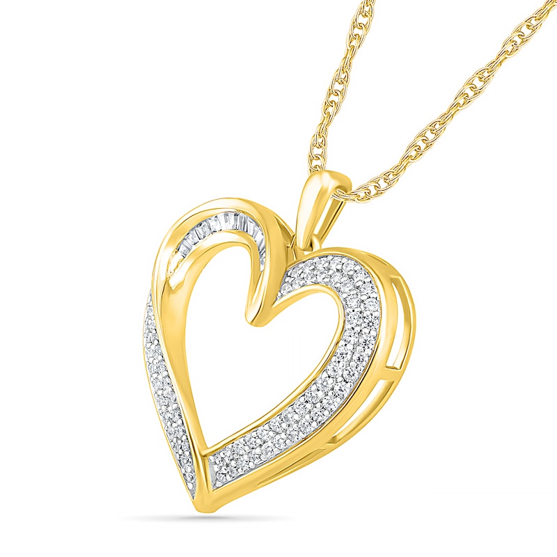 0.45 CT. T.W. Baguette and Round Diamond Ribbon Heart Pendant in 10K Gold