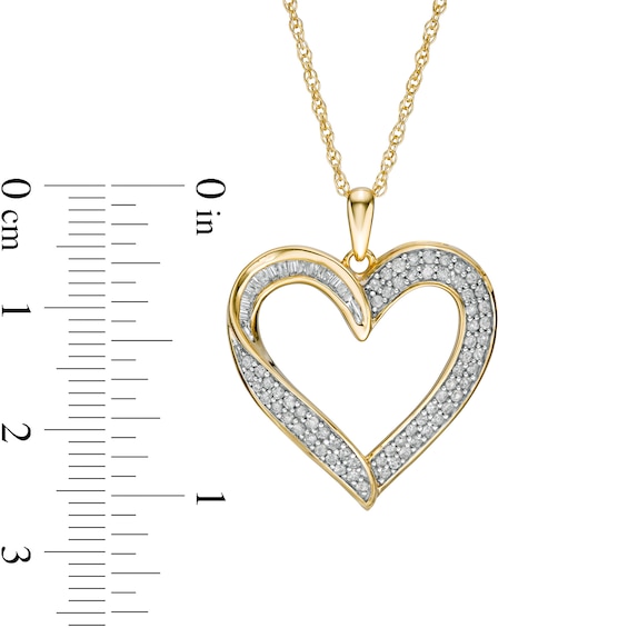 0.45 CT. T.W. Baguette and Round Diamond Ribbon Heart Pendant in 10K Gold