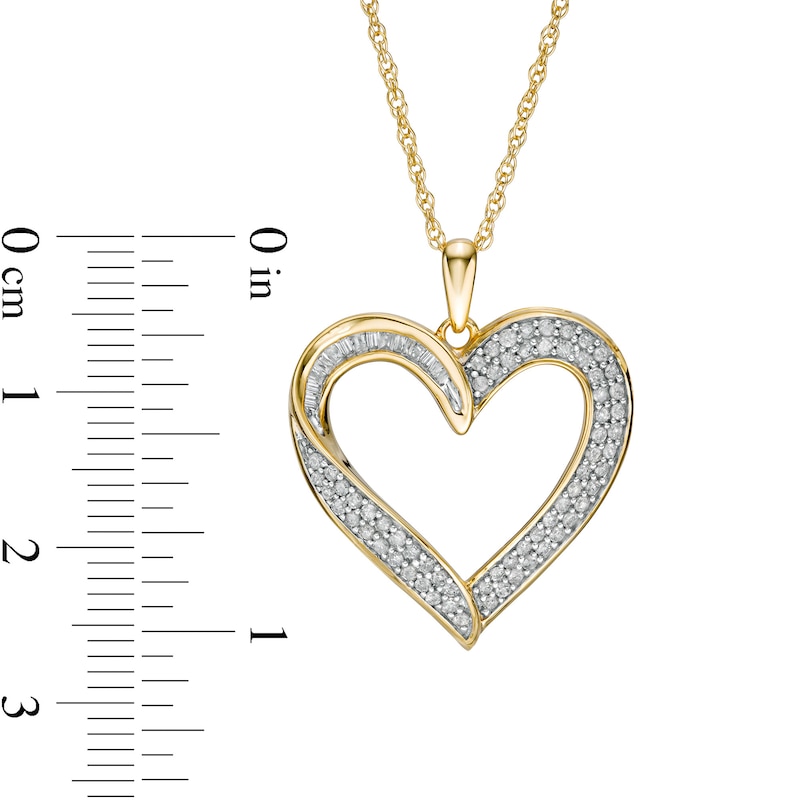 0.45 CT. T.W. Baguette and Round Diamond Ribbon Heart Pendant in 10K Gold