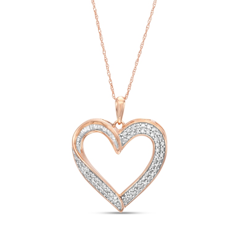 0.45 CT. T.W. Baguette and Round Diamond Ribbon Heart Pendant in 10K Rose Gold|Peoples Jewellers