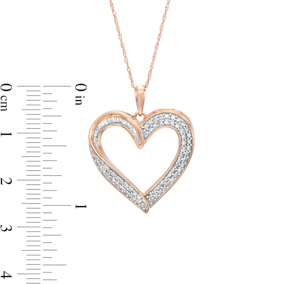 0.45 CT. T.W. Baguette and Round Diamond Ribbon Heart Pendant in 10K Rose Gold