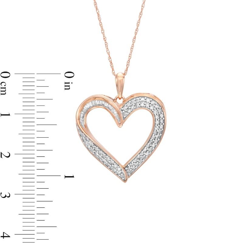 0.45 CT. T.W. Baguette and Round Diamond Ribbon Heart Pendant in 10K Rose Gold|Peoples Jewellers