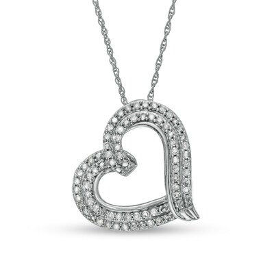 0.45 CT. T.W. Diamond Double Row Tilted Ribbon Heart Pendant in 10K White Gold