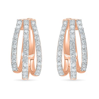 0.95 CT. T.W. Diamond Split Triple Row Hoop Earrings in 10K Rose Gold