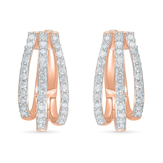 0.95 CT. T.W. Diamond Split Triple Row Hoop Earrings in 10K Rose Gold