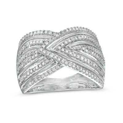 0.45 CT. T.W. Diamond Chevron Pattern Multi-Row Crossover Ring in 10K Gold