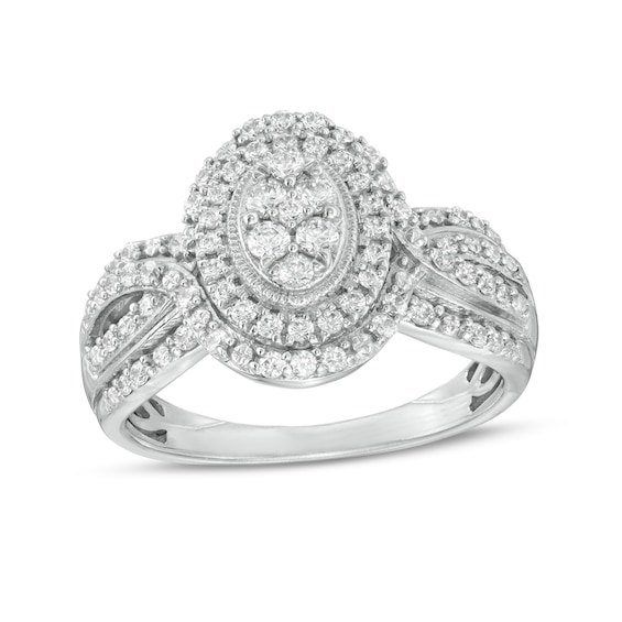 0.50 CT. T.W. Composite Oval Diamond Double Frame Vintage-Style Engagement Ring in 10K White Gold