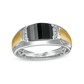 Men's Baguette Black Faceted Onyx and Diamond Accent Ring in Sterling Silver and 14K Gold Plate