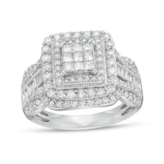 1.00 CT. T.W. Composite Diamond Double Cushion-Shaped Frame Vintage-Style Engagement Ring in 10K White Gold