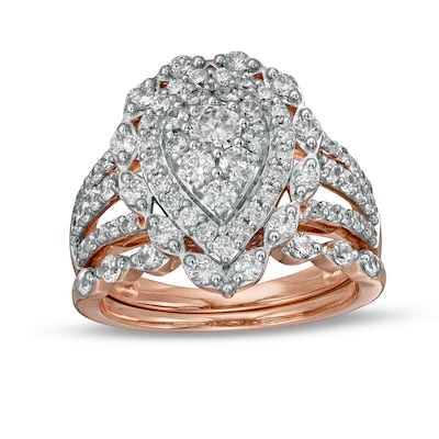 1.58 CT. T.W. Composite Pear-Shaped Diamond Double Frame Scallop Edge Bridal Set in 10K Rose Gold