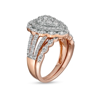 1.58 CT. T.W. Composite Pear-Shaped Diamond Double Frame Scallop Edge Bridal Set in 10K Rose Gold